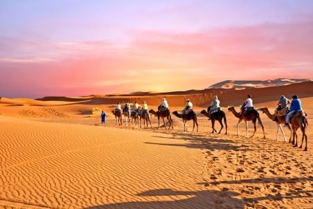 Carovana di cammelli che attraversa le dune di sabbia nel deserto del Sahara, Marocco al tramonto